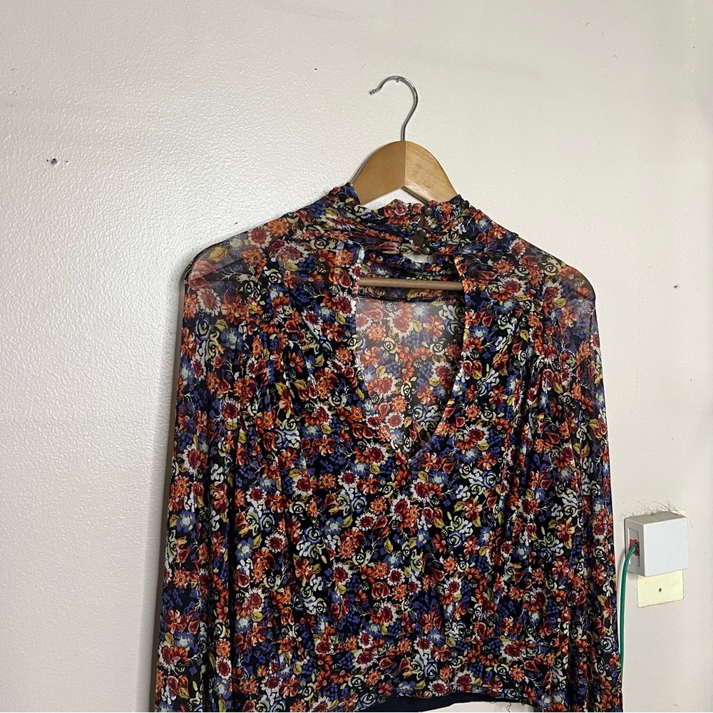 Free People All Dolled Up Mesh Sheer S Floral Long Sleeve Top Balloon High Neck - Picture 11 of 11
